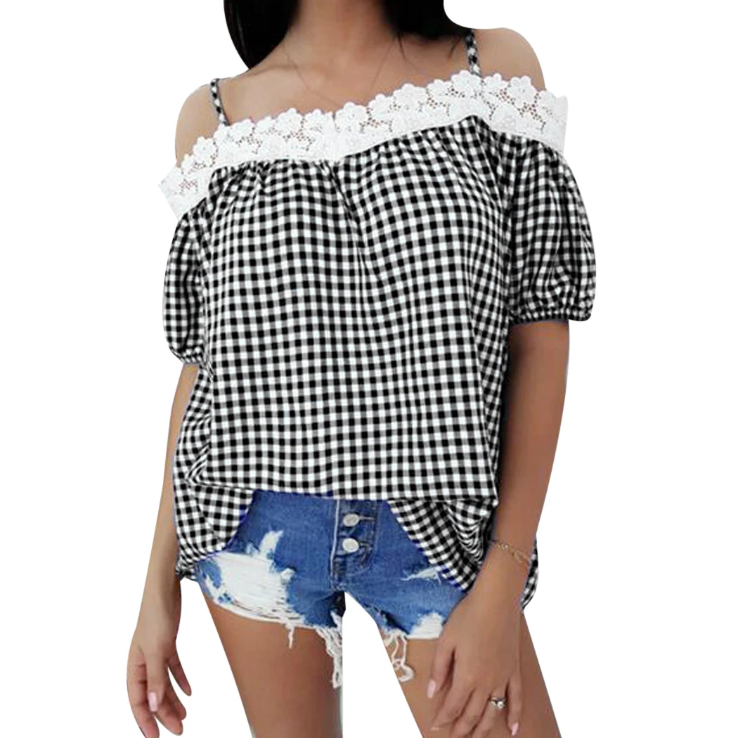 Sexy Off Shoulder Lace Blouses Women Plaid Short Sleeve