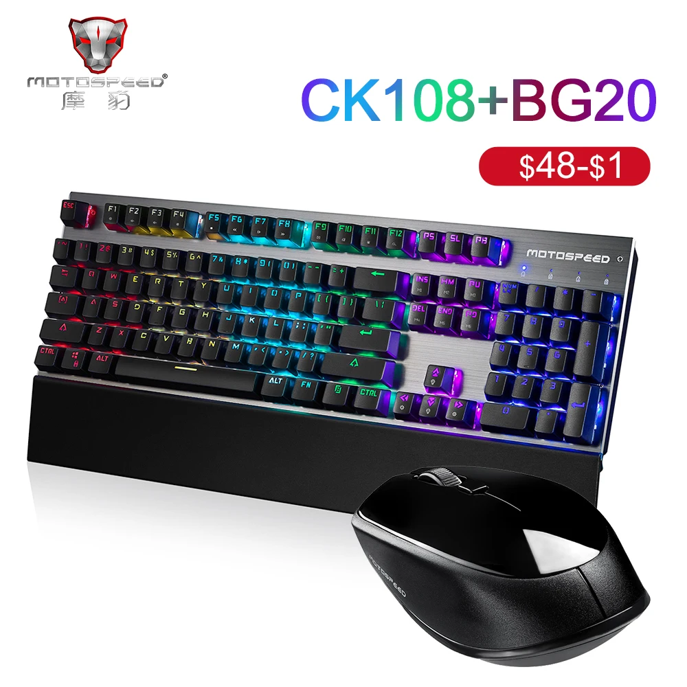 

2018 Motospeed Gaming Mechanical keyboards-Mouse Combo RGB Kybs Bluetooth Mouse ck108+BG20 MultiColor Ship From Russian With Box