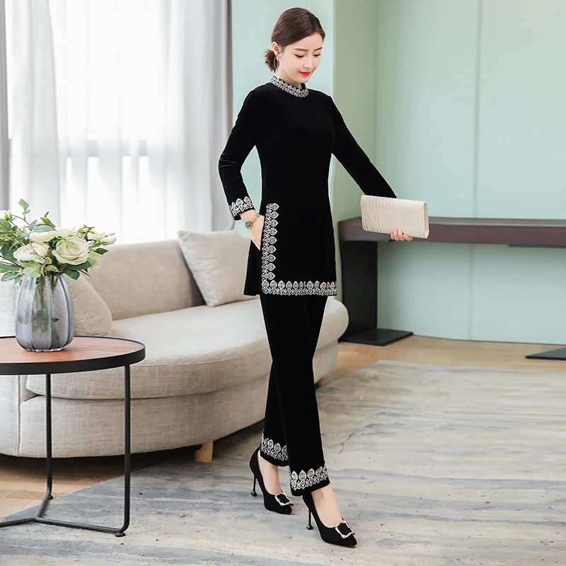 

Black Velvet winter suit womens plus size 2 piece set tracksuits co-ord set outfit top and pants 2019 spring vintage clothing