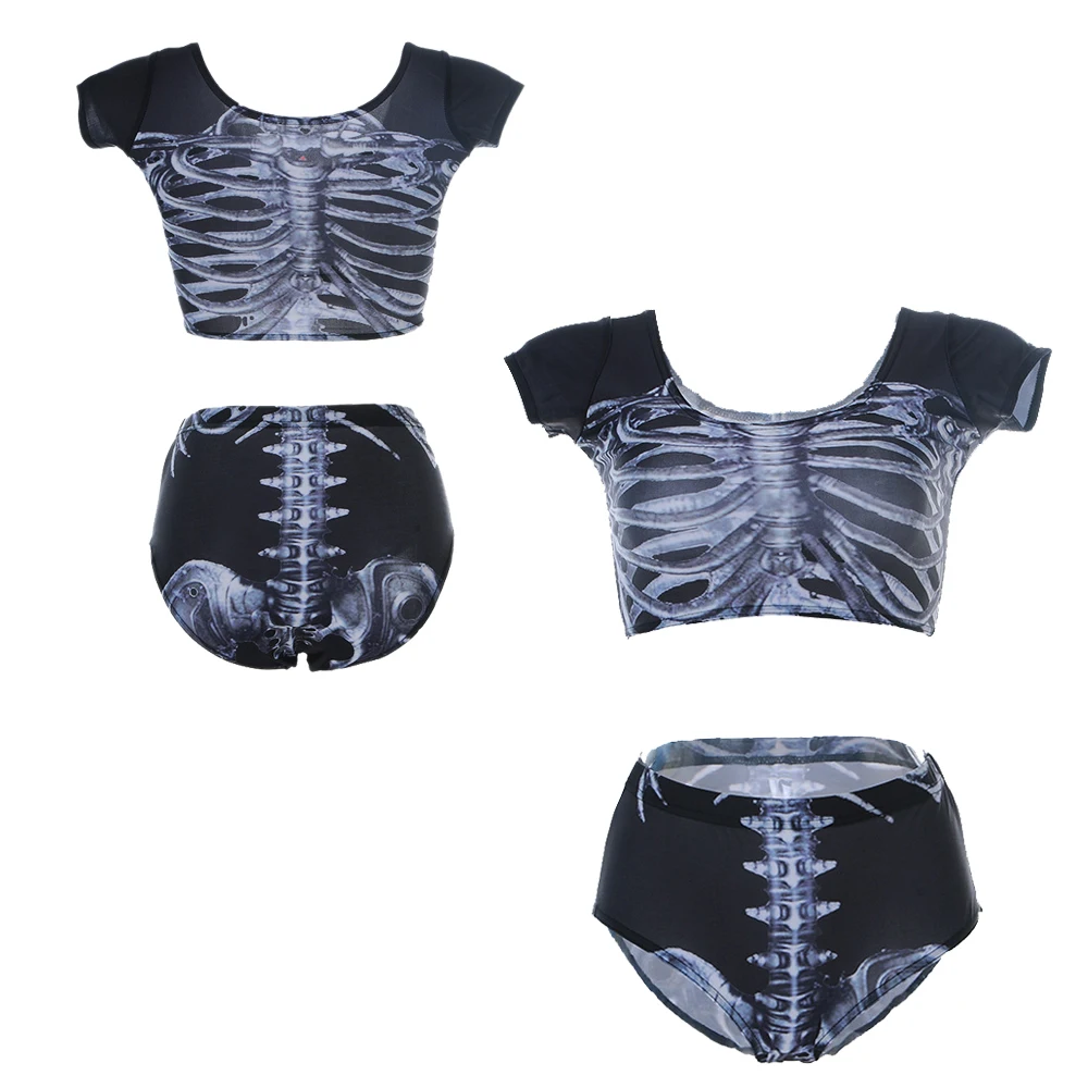 

Costume Skulls Bikini Short Sleeve Swimsuit 2 Piece High Waist Triangle Bottom Beachwear Black White Skeleton Swimwear Crop Top