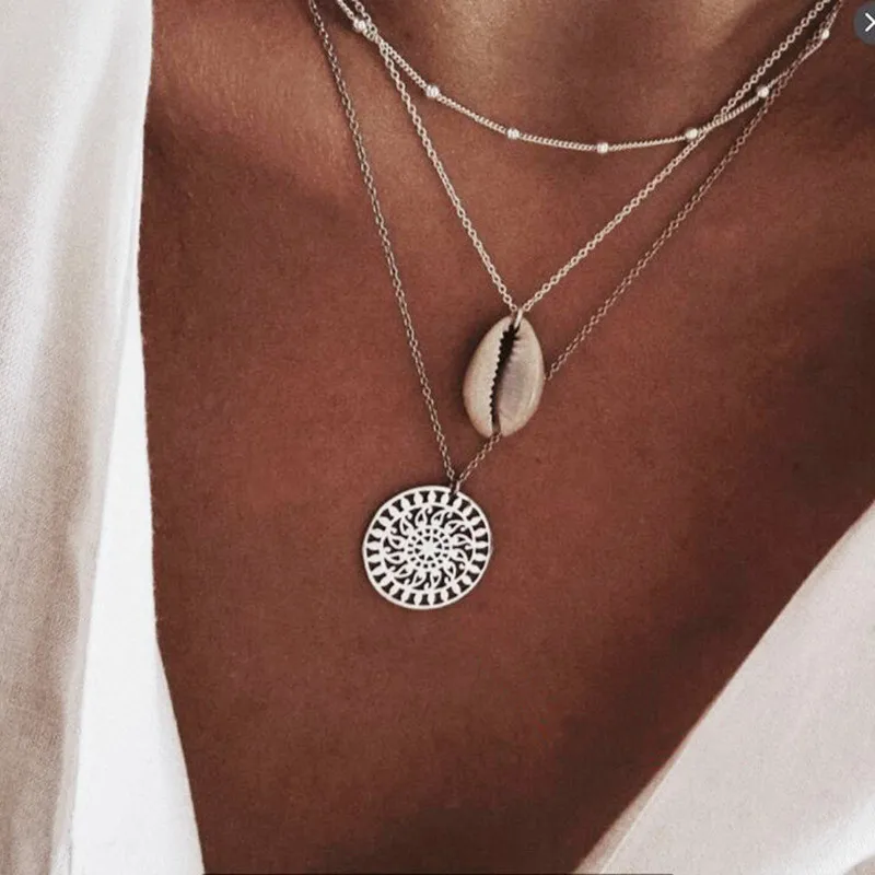 

KISSWIFE Three Layers of Shell Pattern Pendant Necklaces Gold Women Seashell Multilayer Choker Necklace Bohemian Jewelry