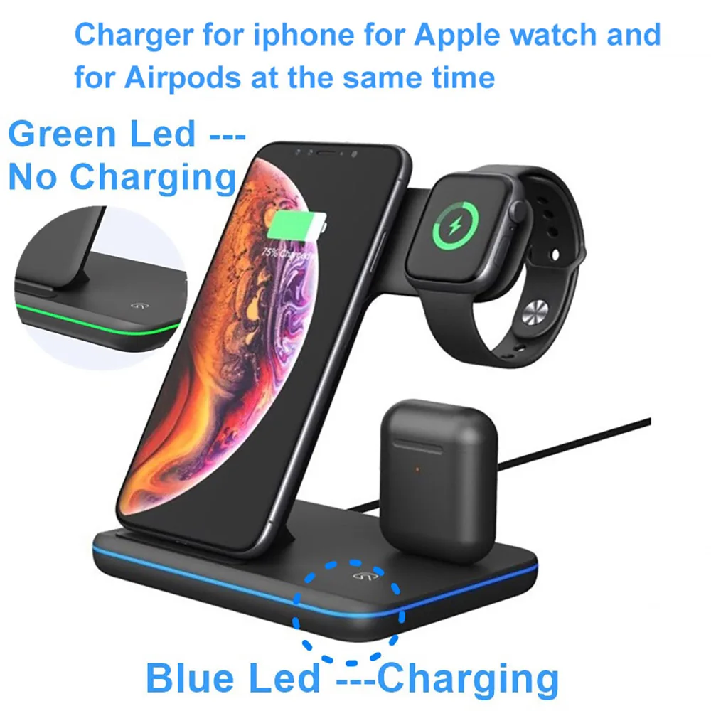 3 в 1 беспроводная зарядная подставка для Apple Watch AirPods зарядная станция Qi 15 Вт Быстрое беспроводное зарядное устройство для iPhone 11 X XS MAX XR