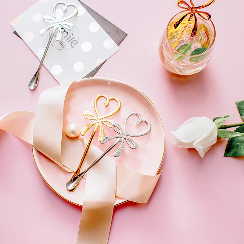 

3D Bow Knot Heart Crown ShapedHanging Spoon Glod Silver Spoon Stainless Steel Flatware Mini Coffee Spoon Tea Dessert Spoon