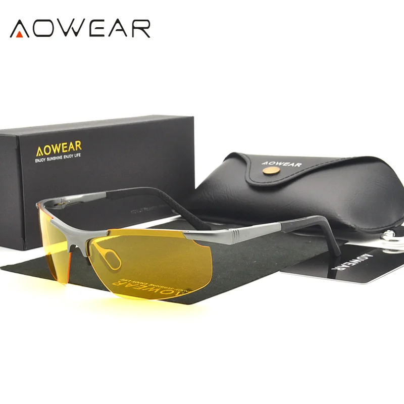 AOWEAR, настоящие алюминиевые магниевые очки для водителей на День и ночь, поляризованные желтые солнцезащитные очки для ночного видения, мужские спортивные очки, солнцезащитные очки 53