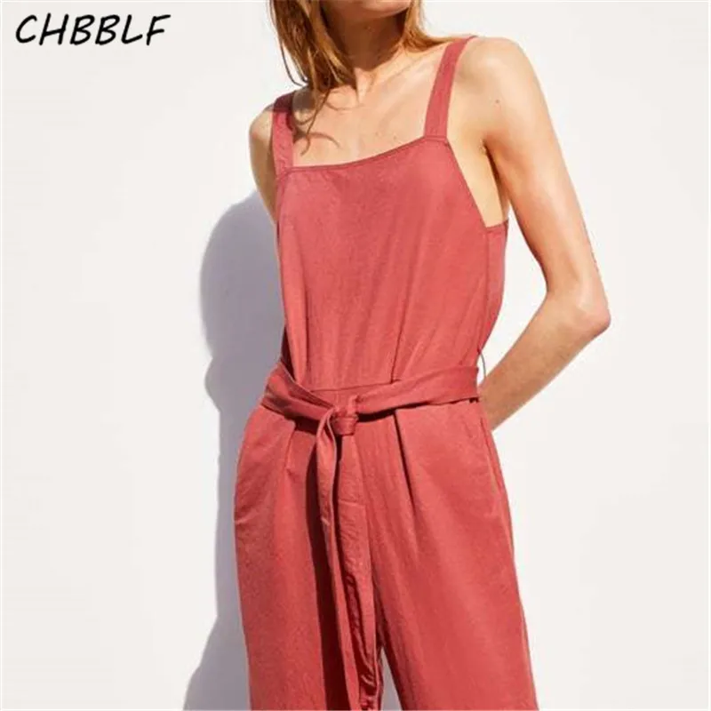

CHBBLF women stylish solid backless long jumpsuits sleeveless spaghetti straps sashes female summer red playsuits DFT27311