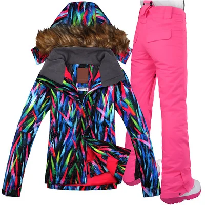 Высококачественный Женский лыжный костюм, цветная полосатая лыжная куртка и штаны, Женский комплект для сноуборда, пальто и брюки - Цвет: pink