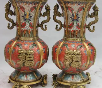 

Chinese Old Copper Bronze Cloisonne Enamel Dragon Beast bliss Jar Pot Vase Pair 8.02
