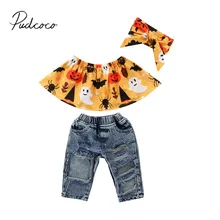 Новинка года, брендовая одежда для маленьких девочек на Хэллоуин комплект из 3 предметов, жилет с открытыми плечами и рисунком Топы+ рваные джинсовые штаны+ повязка на голову, От 6 месяцев до 4 лет
