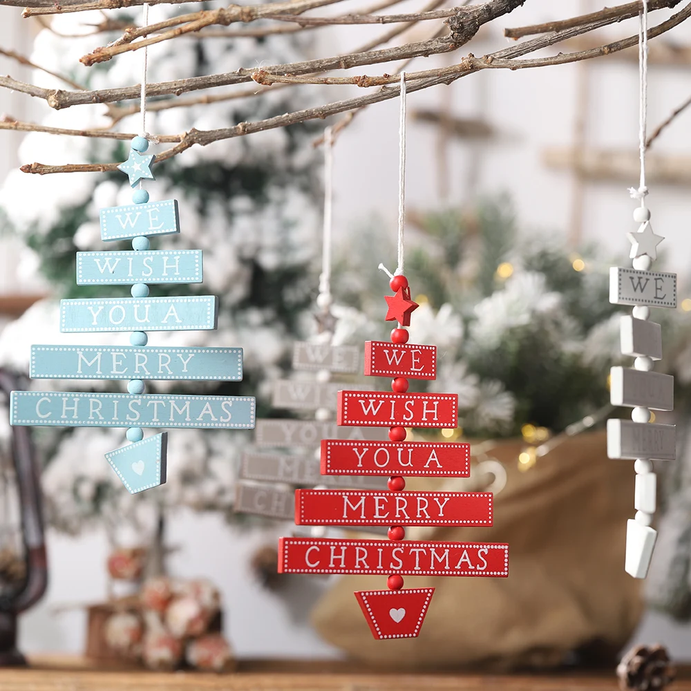 

Christmas Greetings Wooden Christmas Tree Hanging Pendant Ornament Merry Christmas Party Decoration for Home Xmas Gift 2019