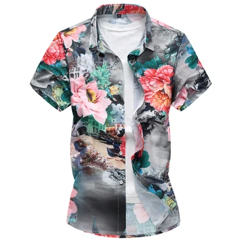 

Men Floral Hawaiian Shirts Large Size Summer Lotus Print Short Sleeve Shirt Male Thin Type Slim Fit Casual Tops 4XL 7XL 7XL