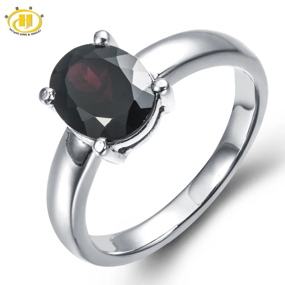 HUTANG 2.1ct Natural Black Garnet Solid 925 Sterling Silver Solitaire Ring Gemstone Fine Jewelry Women's Xmas Gift Black Friday