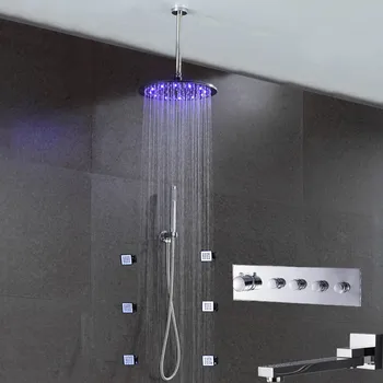 

High Qualily Multiple Functions Thermostatic Shower Faucet Set 12 Inch Round Shower Head 6Pcs Massage Body Jets Shower Mixer Set