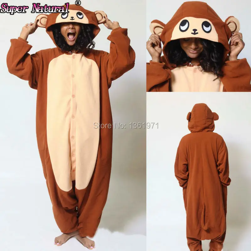 HKSNG Brown Monkey Pajamas Animal Winter Warm Women Girls Fleece Onesies Adults Kigurumi