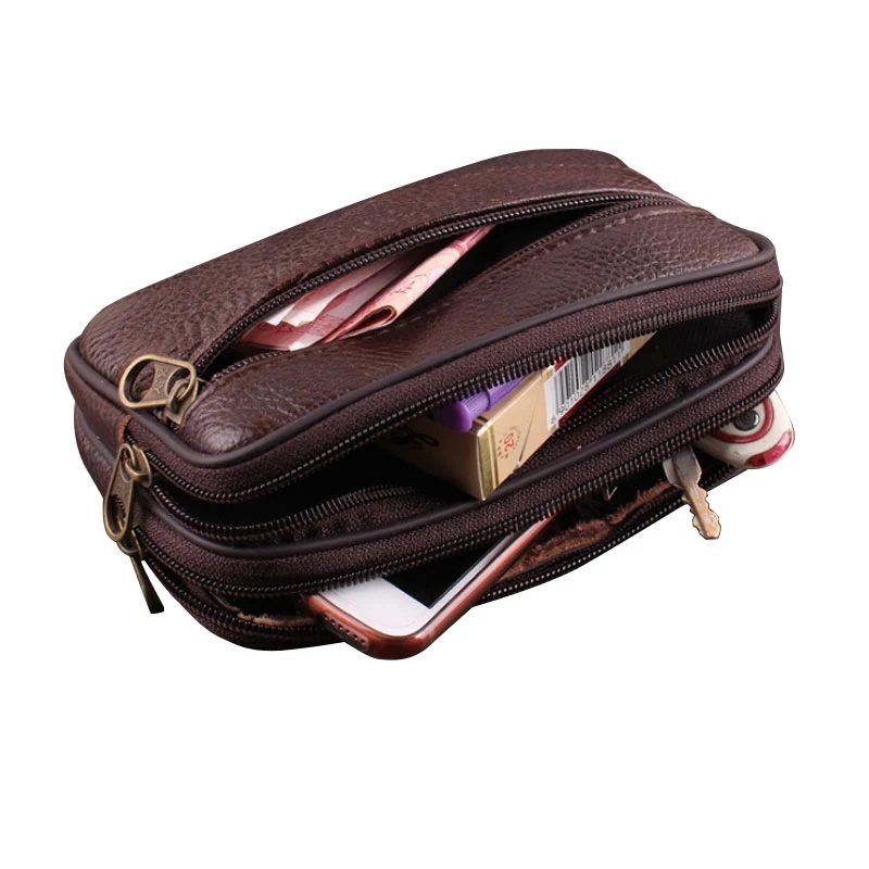 Double zipper men's leather waist belt multi function 6 inch layer skin