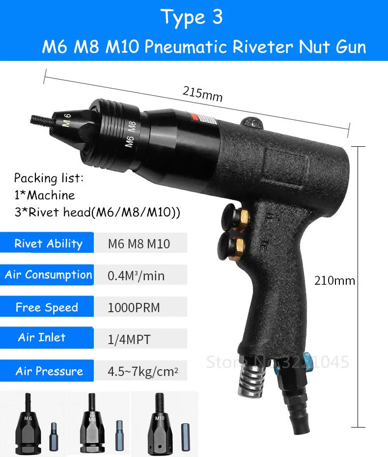 M3/M4/M5/M6/M8/M10/M12 пневматический клепальный пистолет Тяговая гайка Автоматический Пневматический клепальщик гайка инструмент - Цвет: M6 M8 M10