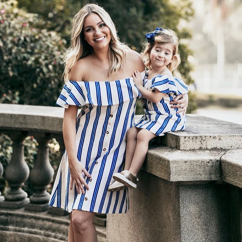 

mother daughter dresses striped off shoulder mommy and me clothes family look mom mum mama and baby girls dress matching outfits