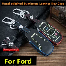 

Luminous Car Leather Bag Remote Control Car Keychain Key Cover Case For Ford Explorer 4Buttons Smart Key Metal Keychain