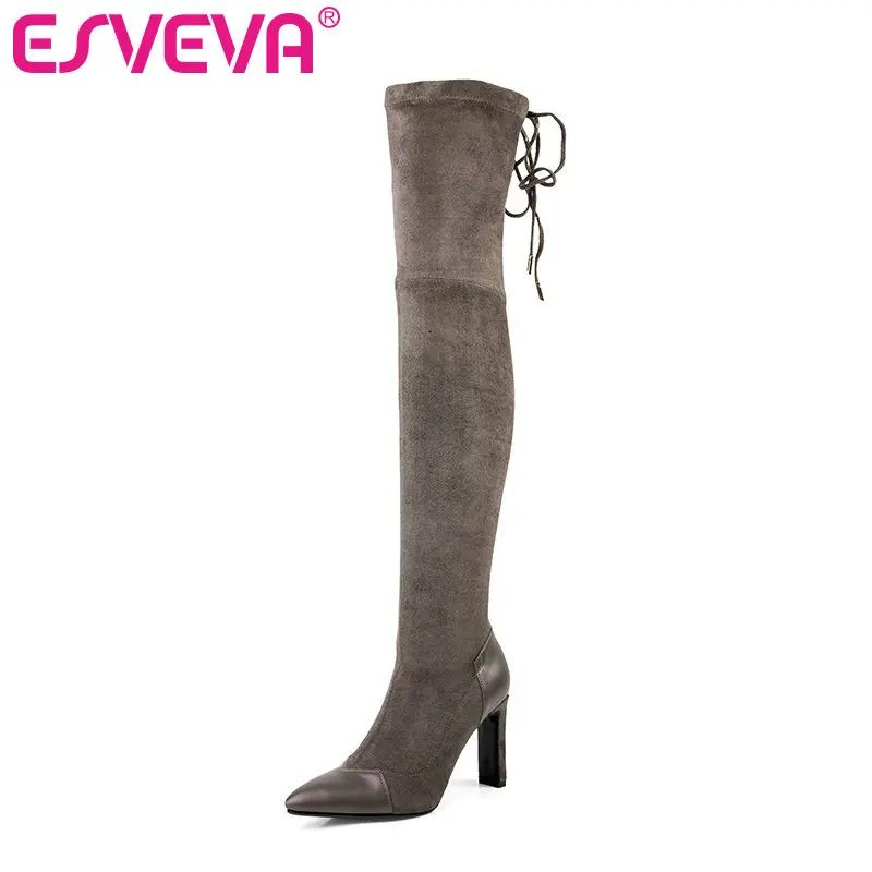 

ESVEVA 2020 Over The Knee Boots Winter Women Boots Square High Heel Lace Up Fabric Fashion Motorcycle Boots Platform Size 34-39