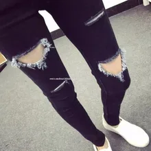 Весна лето новые женские южнокорейские тонкие свободные черные рваные джинсы женские брюки