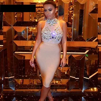 

2019 spring bodycon women dress sexy high neck crystal bandage dress bodysuit short cocktail party dresses vestidos vintage