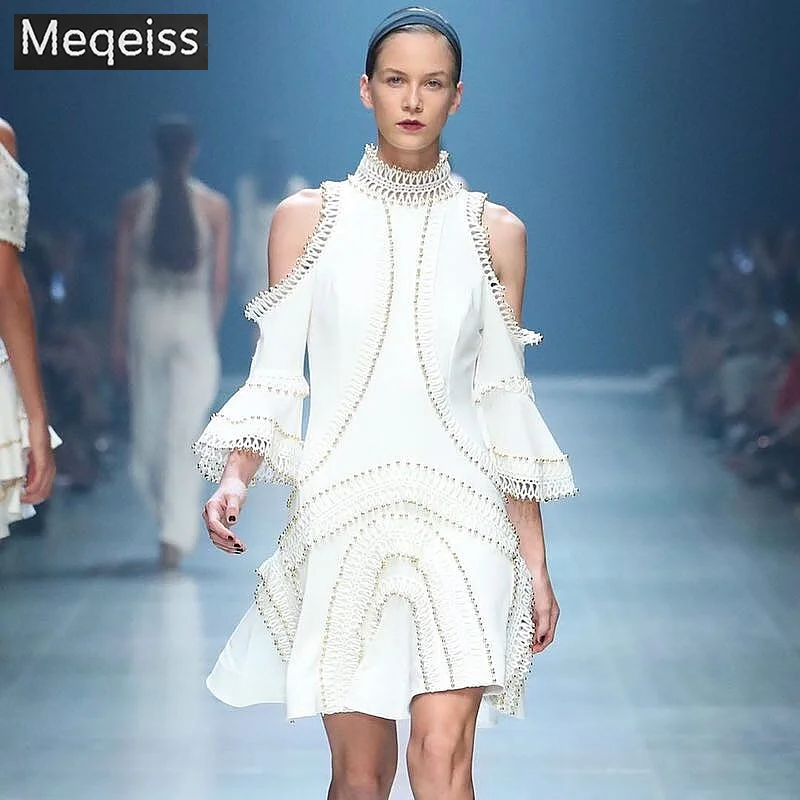 

2019 New Celebrity Party Runway Women's Elegant Dress Sexy Seven-point Sleeve Beads Beach Cutout Sleeve Mini Dress Vestidos
