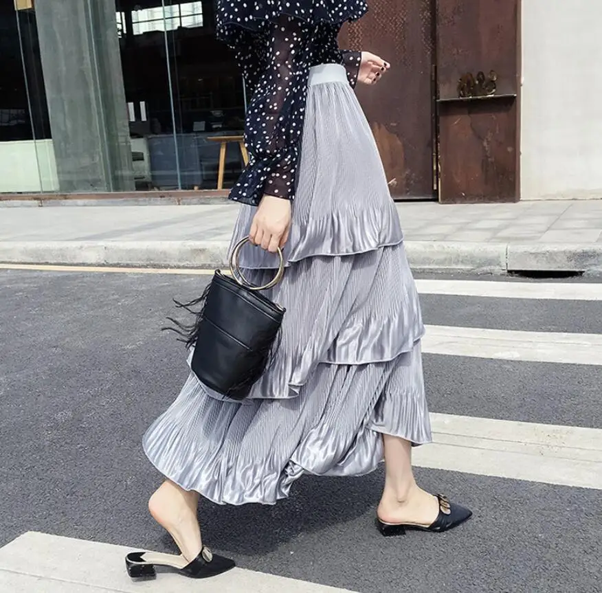 Эластичная юбка с высокой талией, сатиновая элегантная женская розовая Повседневная Длинная юбка средней длины, шелковая летняя юбка falbala