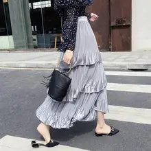 Эластичная юбка с высокой талией, сатиновая элегантная женская розовая Повседневная Длинная юбка средней длины, шелковая летняя юбка falbala