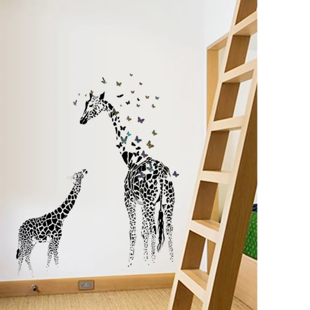 Большая съёмная виниловая наклейка на стену с жирафом, наклейки на стену, дикие животные, Бабочка, черный цвет, украшение для дома, гостиной, ...