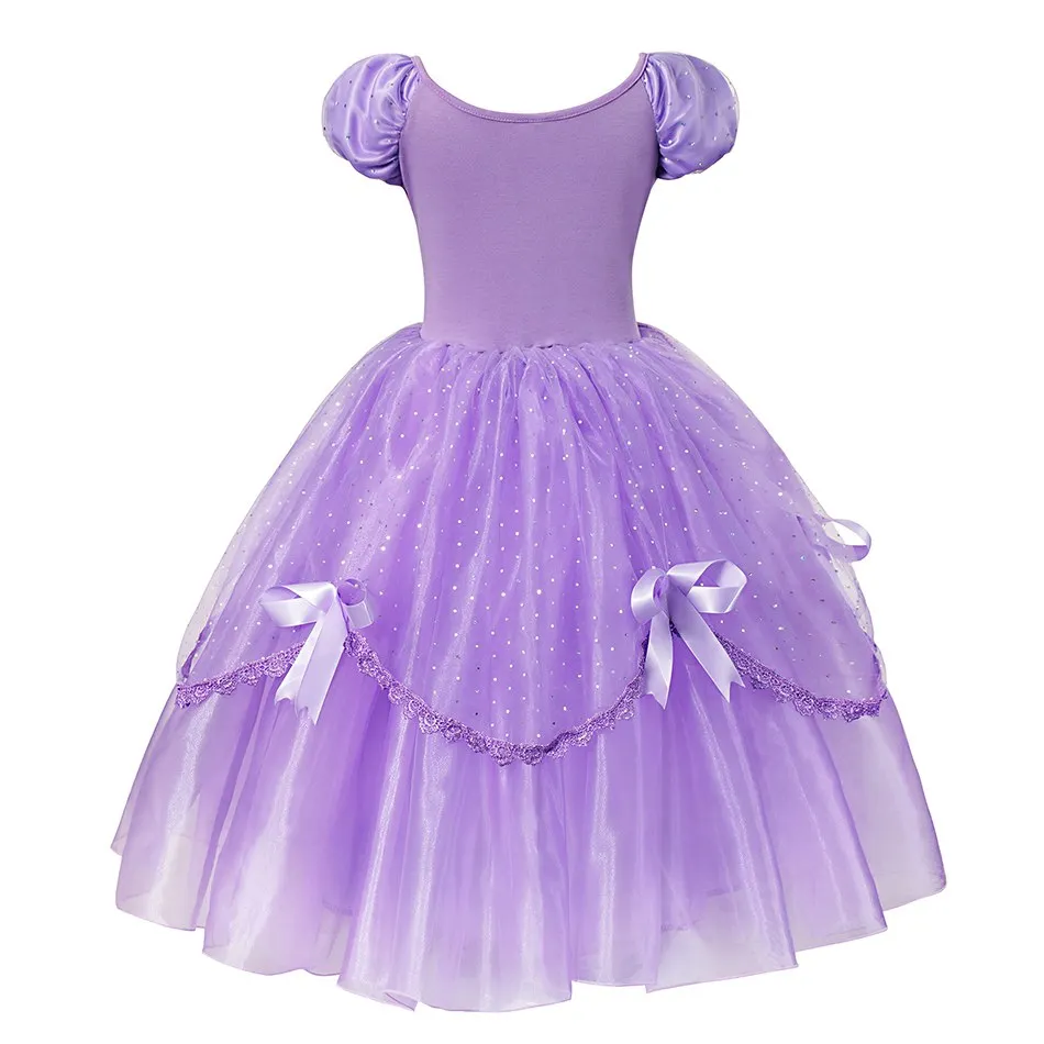Маскарадные костюмы Софии для девочек; кружевное фиолетовое платье с блестками и бантом; детская праздничная одежда до щиколотки; платье принцессы; платья для девочек