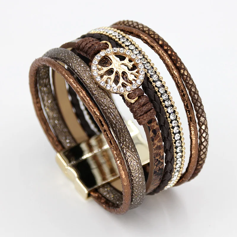 

FONGOS Jewelry Bracelets for Women Multi-layer Leather Rope Alloy Tree Accessories Magnet Clasp Bangle Bracelet Dropshipping