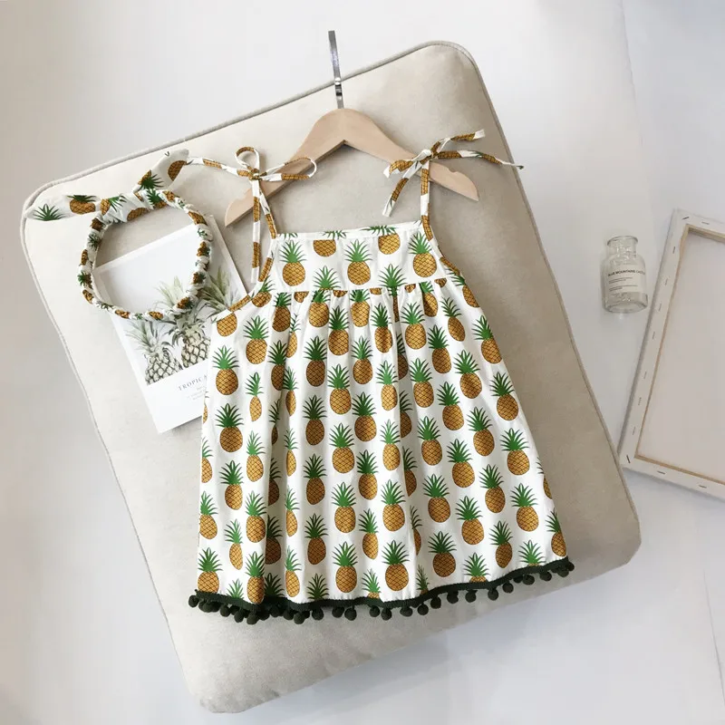 

2019 Children Girls Summer Dress New Fashion Sleeveless Pineapple Print Strap Dress Lovely Girls Cotton Dress For 2-7Yrs