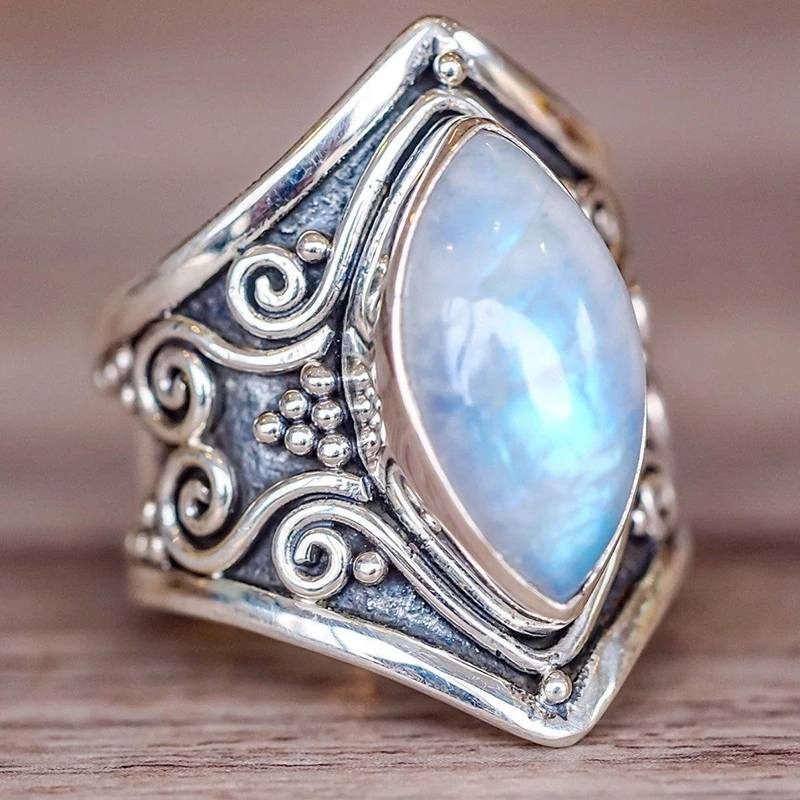 

Vintage Tibetan Silver Big Resin Crystal Rings For Women Boho Antique Indian Moonstone Ring Fine Jewelry turquoises Gift O5N851