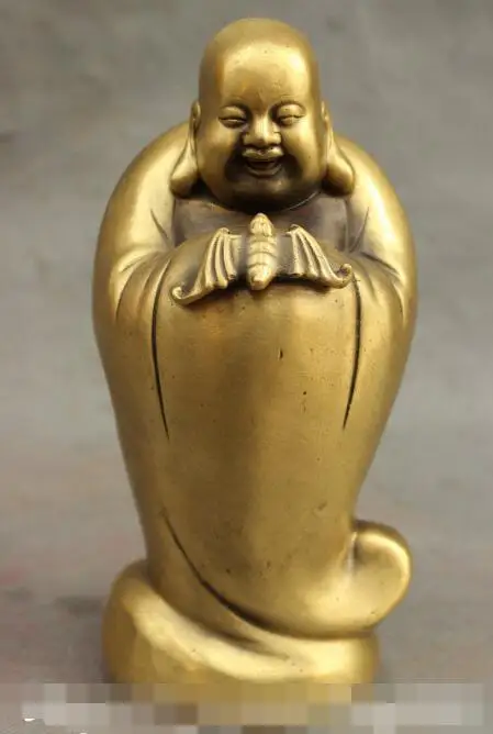 

S03939 7 China Buddhism Pure Bronze Wealth Fu Bat Happy Laughing Maitreya Buddha Statue