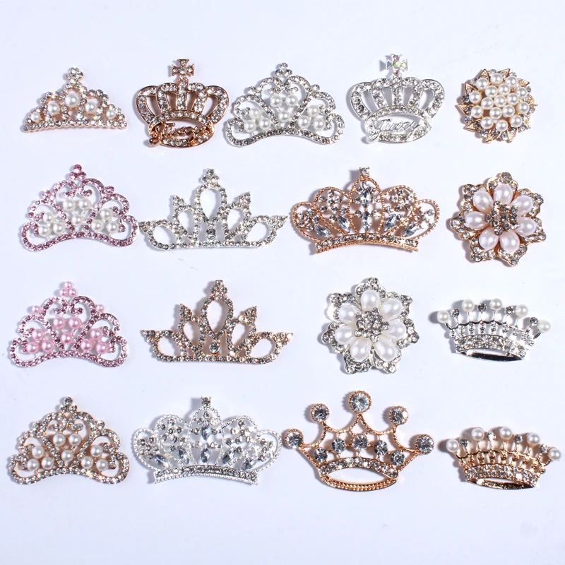 

30PCS New Fashion Crown Rhinestone Buttons With Ivory Beads For Hair Accessories Crystal Silver Jewelry For Women Decoration