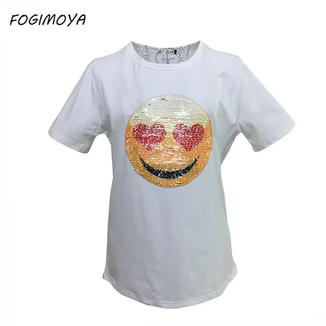 Fogimoya Футболка Пайетки Футболка Женская с пайетками Меняющимися Пайетки Футболки Женские Топы со смайликом Летние 2017 Топик Для Влюблённых Топ С Которками Руками Лето Женские Футболки Летние Emoji фотболки