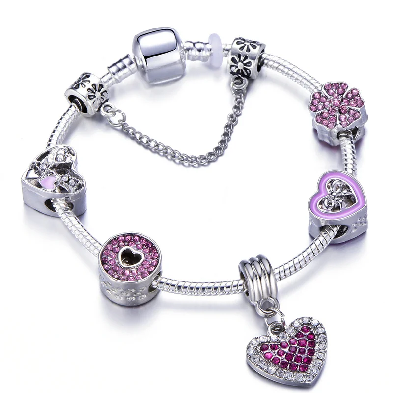 Queen ювелирные изделия в форме сердца звено цепи цепного браслета розовый кристалл, стекло бусины бренд Браслеты& браслеты для Для женщин Обручение подарок