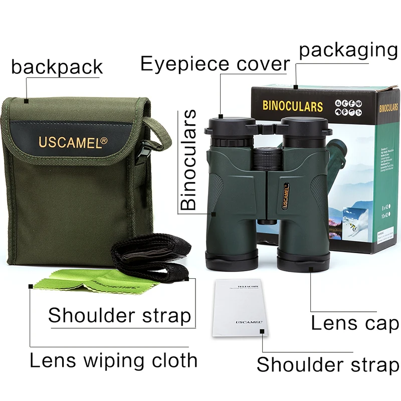 USCAMEL Military HD 10x42 BAK4 Binoculars Professional Hunting Telescope Zoom Vision No Infrared Eyepiece Army Green