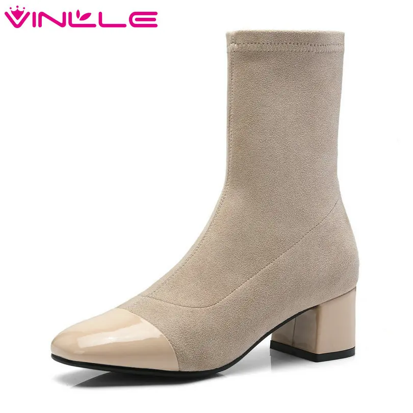 

VINLLE 2019 Elegant Shoes Woman Ankle Boots Slip On Pointed Toe Flock+PU Square Med Heel Ladies Motorcycle Boots Size 34-39
