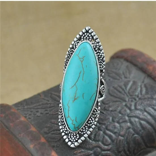 

SHUANGR Fashion Jewelry Vintage Look Tibetan Antique Silver Color Personality White Oval Resin Ring