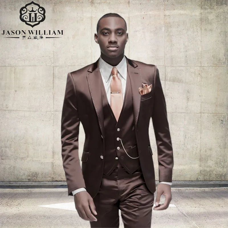 Image LN128 Brown Satin Men Suit Formal Italian Design Tuxedo Custom Stylish 3 Piece Blazer Masculino 2017 (Jacket+Pants+Vest+Tie)