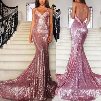 

Demure Evening Dress Sequined V Neckline Mermaid Long Evening Dresses Spaghetti Off Shoulder Backless Appliques Formal Gowns