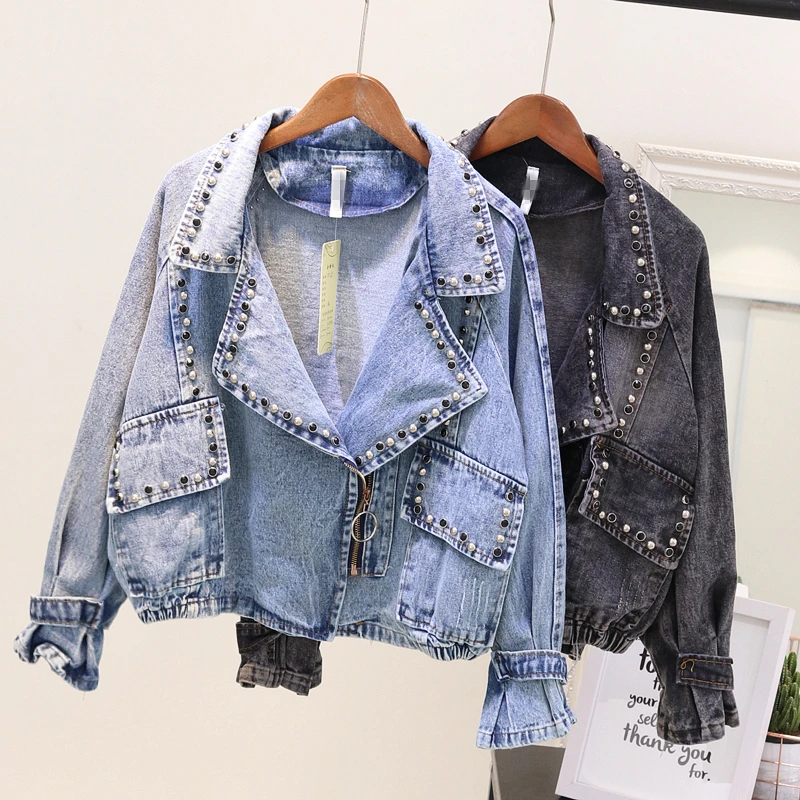 

Neploe 2019 Spring Women's Jackets Harajuku Denim Jacket Coat Heavy Hand Beaded Rivet Short Black Jeans Students Outfit 38568