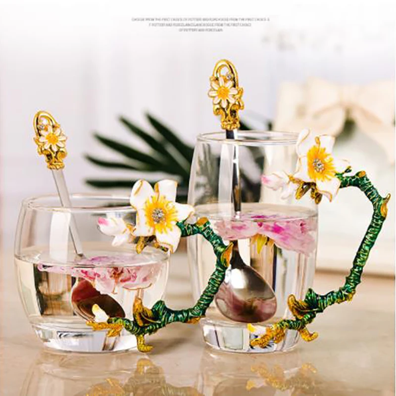

2018 Creative Heat Resistant crystal glass mug Enamel Glass Mug Flower Tea Set Coffee Cup Water Milk Coffee Drinkware For Gift