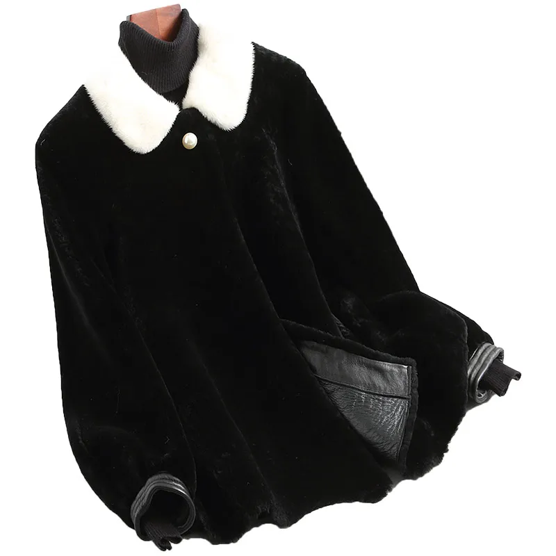 

Real Wool Fur Coat Natural Mink Fur Collar Sheep Shearing Coats 2019 Winter Jacket Women PU Leather Liner Z1148