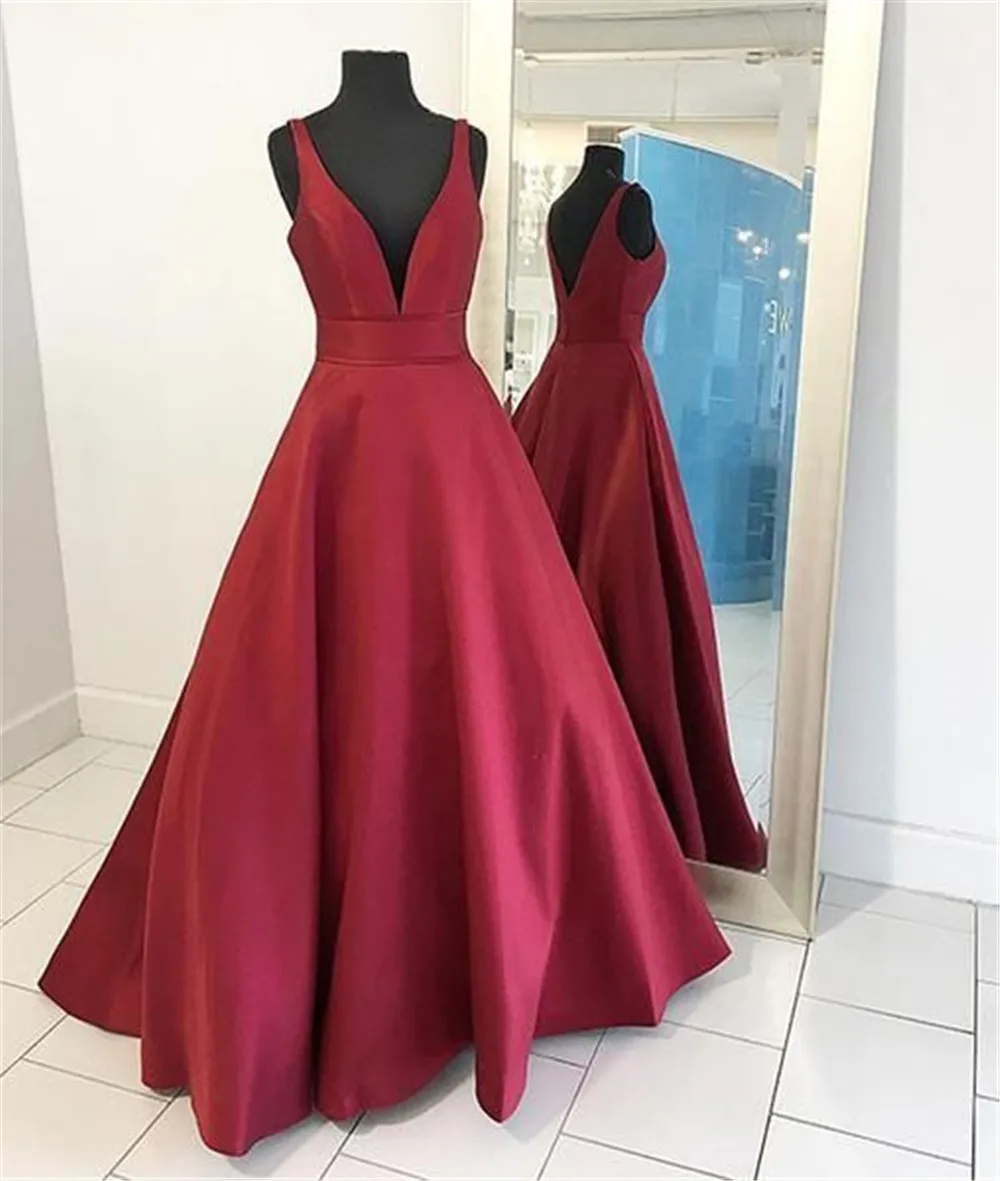 

Dark Red Satin Simple Evening Dress V Neck A Line Floor Length Long Prom Gowns 2019 High Quality Women Wedding Party Dresses