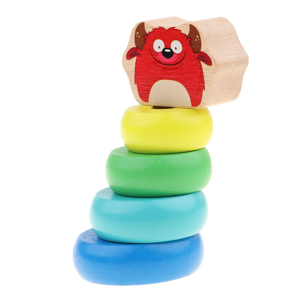Kid Baby Wooden Ring Blocks Balance Scale - Stacking Rainbow Tower Educational Toy Color Shapes Developmental Puzzle