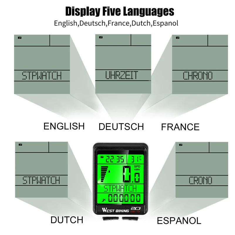 WEST BIKING Водонепроницаемый 5 Язык велосипедный компьютер Беспроводной Велоспорт одометр MTB велосипеда секундомер часы светодиодный Экран спидометр