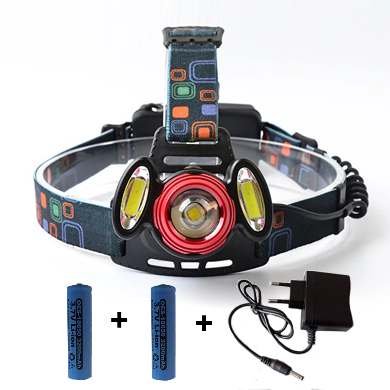 

Bright COB LED Headlamp T6 Led+2 COB Lights Sources Headlights 4 Modes 18650 Cycling headlight Rechargeable Zoom Headlamps