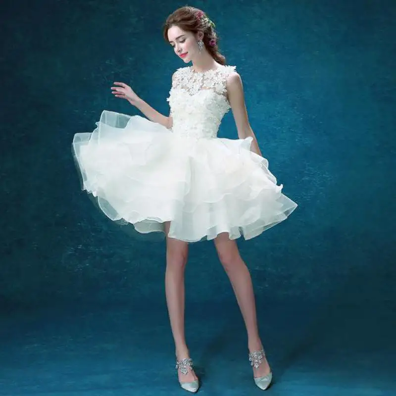 

2019 New Off White Simple Sleeveless Short Evening Dress Sweet O Neck Lace Flower Party Prom Evening Ball Gown Robe De Soiree L