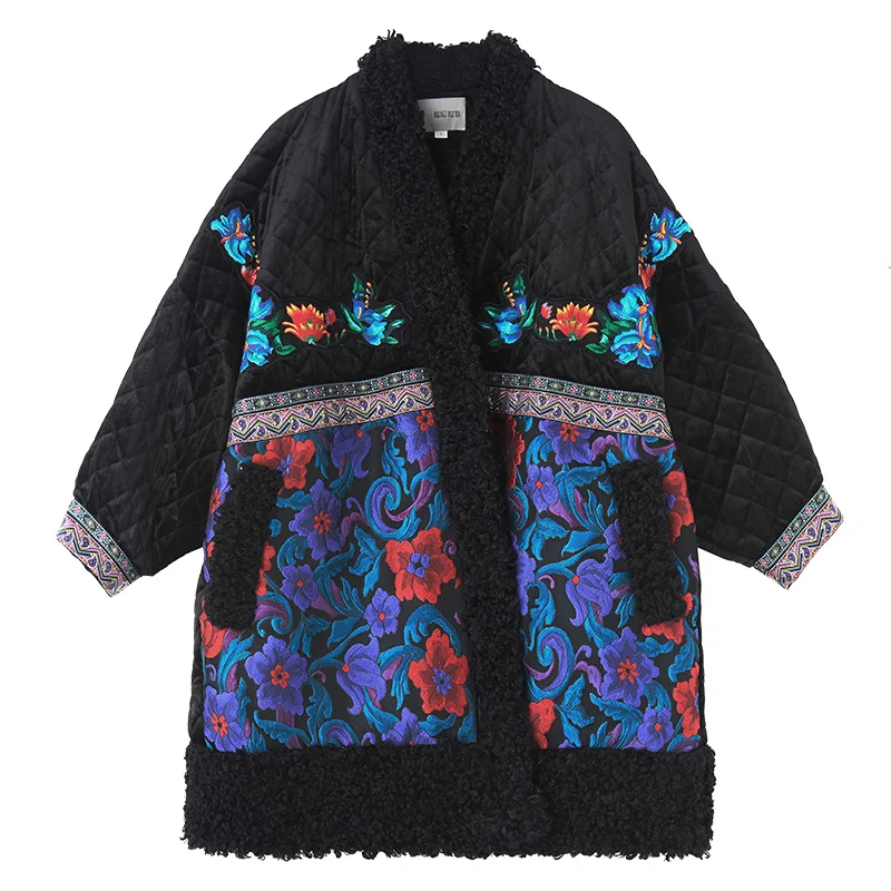 Outline Women Winter Black Casual Cotton Clothes Pockets Embroidery Splice Patch Floral Full Sleeve Plus Design Parkas L184Y002